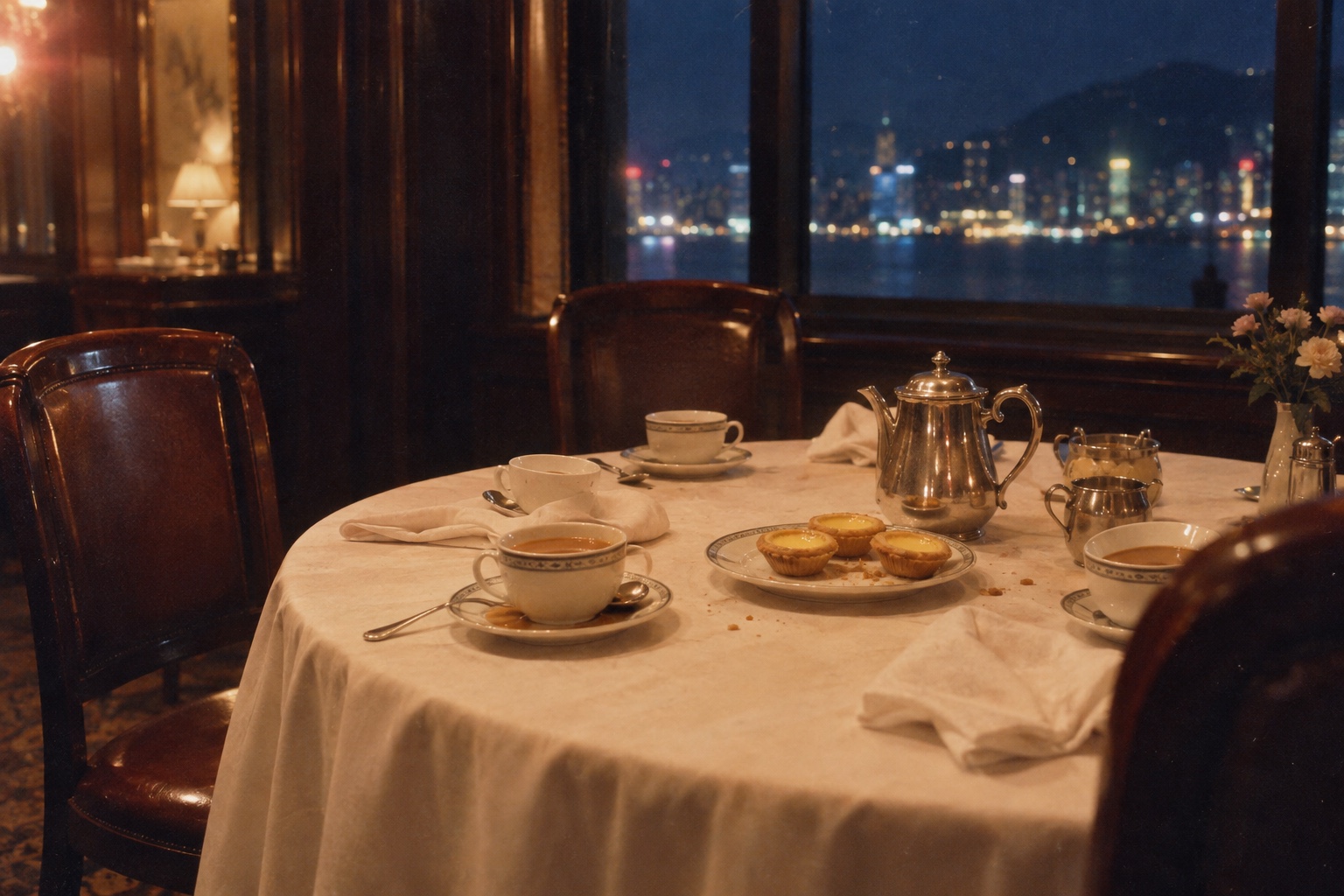 AI情境配图：暖黄灯光下的凌晨早餐空桌，桌上有蛋挞、奶茶和银茶壶